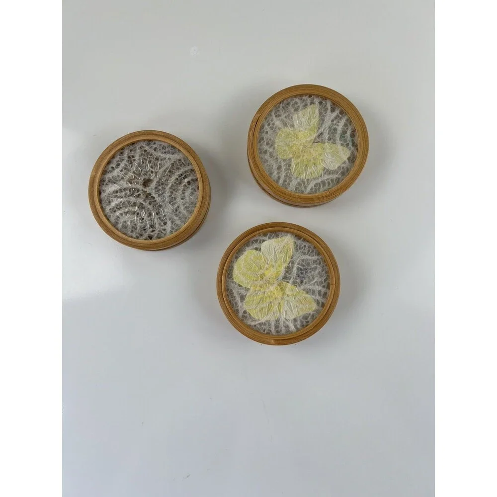 Set Of 3 Vintage Paper Butterfly Bamboo Coasters Bohemian Boho Replacements Gift